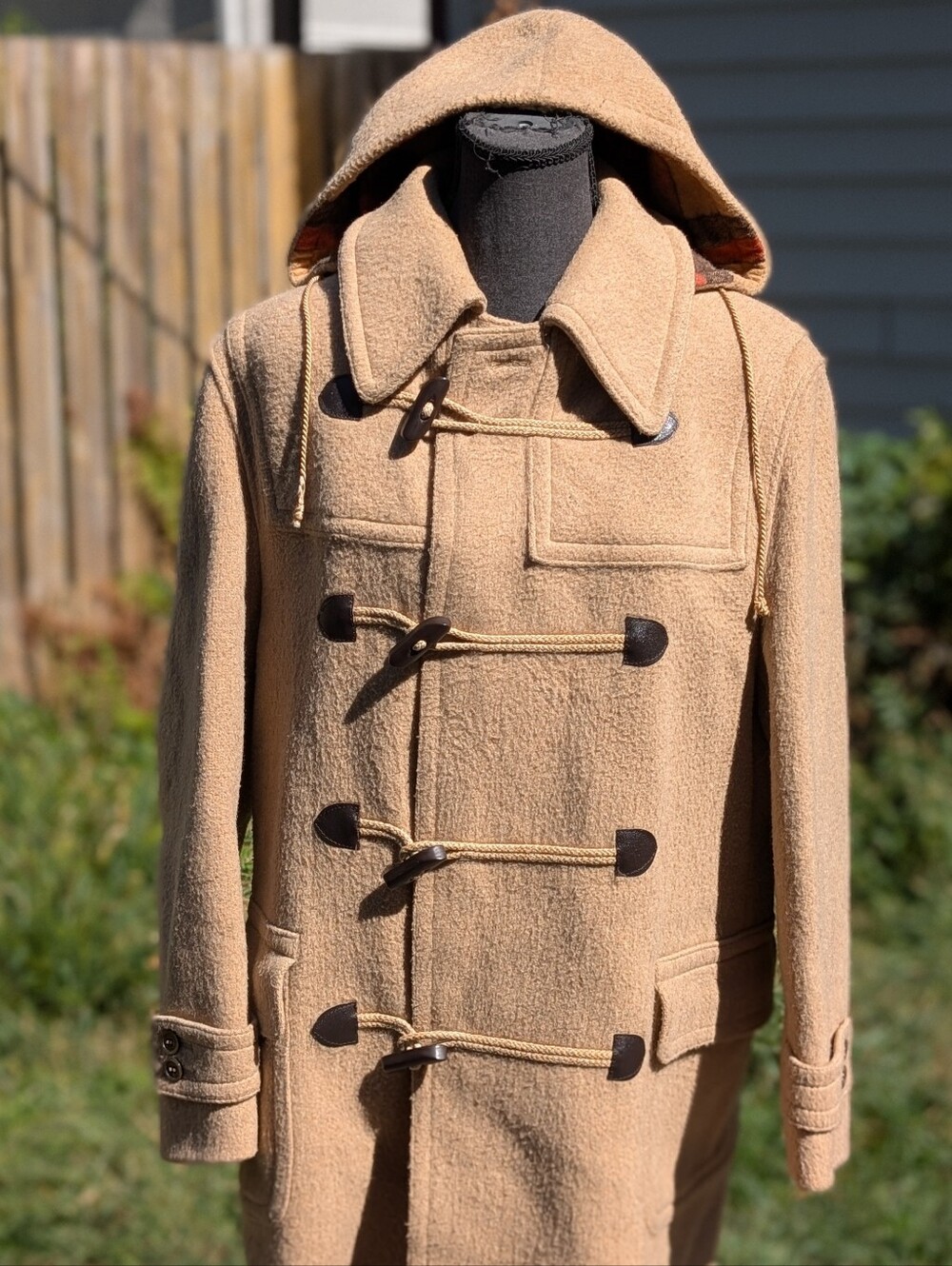 Loden Frey VTG Wool Blend Hooded Duffle Coat West Germany Tan Sz Medium Toggle